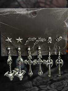 12 cercei gotici cu craniu, liliac, cruce metalică creativă, cercei cu pandantiv cu aripă de păianjen, potriviți pentru ținute de Halloween, cadou pentru prieteni