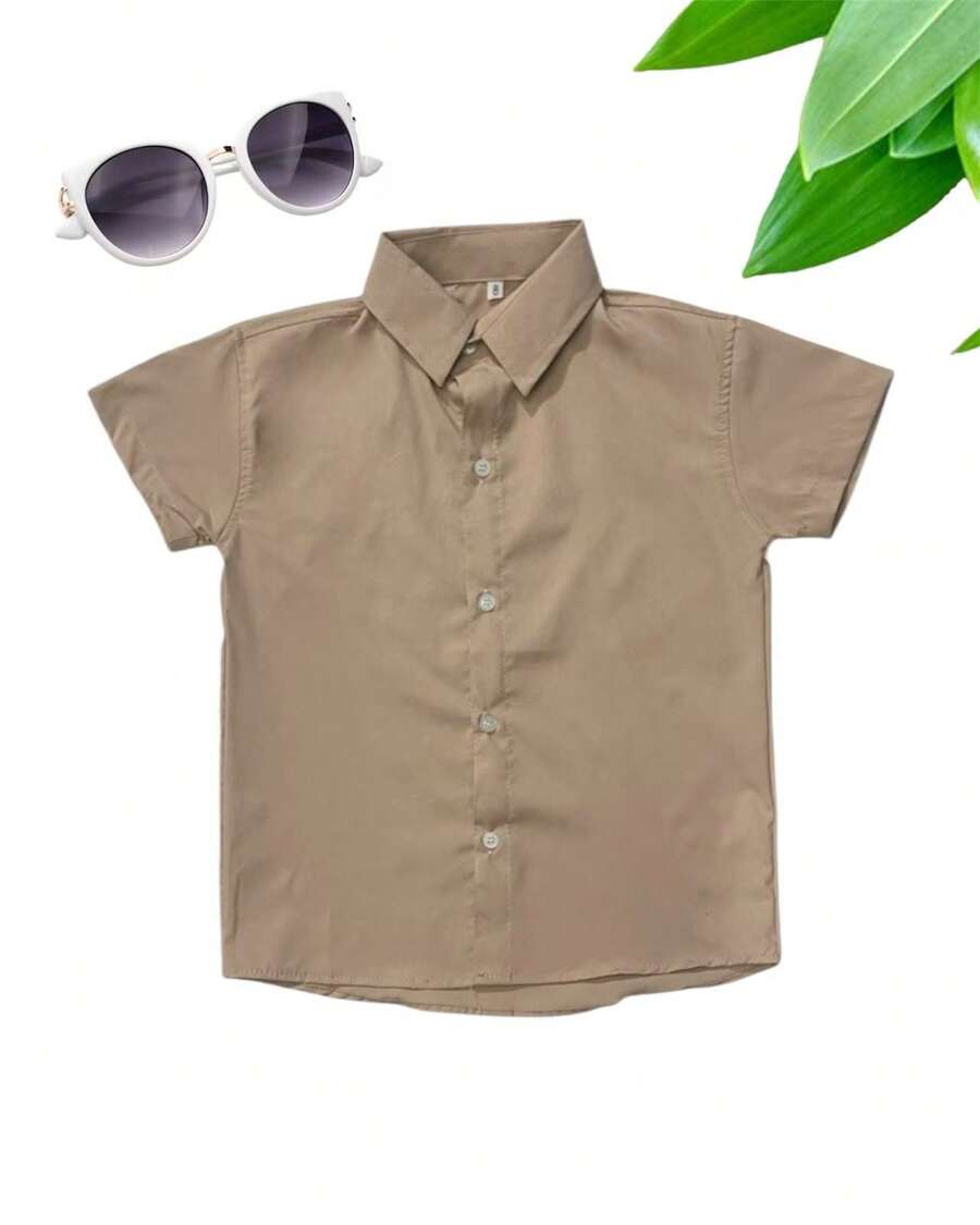 CHILDREN'S FASHION_ Basic Social Shirt Short Sleeve With Comfortable Button For Toddler Boy - 卡其色 - 查看 1