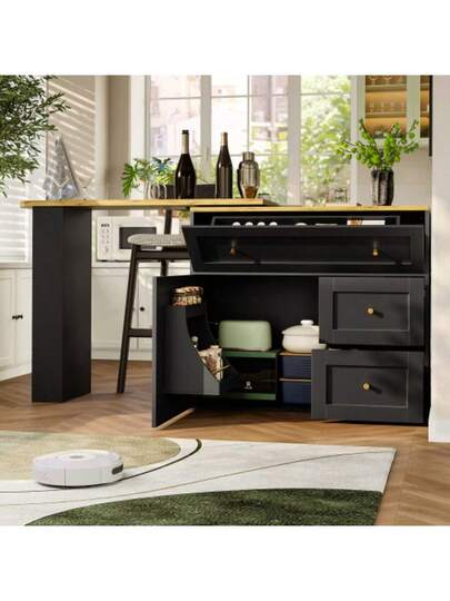 Extendable Bar Tafel Storage Space (138 204*39*105cm), Kitchen Cabinet, Sideboard Snack Shelf, Telescopic Table, High Bistro Isl Zwart view 3