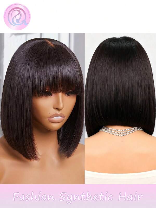Perruque noire élégante courte et droite de 12 pouces avec frange, perruque synthétique pour femmes pour usage quotidien, fête, vacances et voyages. Perruque synthétique résistante à la chaleur pour usage quotidien, fête, Halloween, Noël. Cadeau pour petite amie