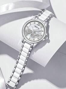 GUANQIN 1 szt. Wodoodporny zegarek ze świecącymi elementami z motywem LOVE, tarczą z kryształkami, odporny na zużycie, ze stali nierdzewnej, ceramicznym paskiem, modnym, biznesowym, luksusowym, sportowym, klasycznym, prostym i swobodnym, mechanicznym stylem, automatycznym zegarkiem kwarcowym, odpowiednim na Halloween, Boże Narodzenie, dla studentów, na festiwale, randki, do pracy, na co dzień, na prezenty