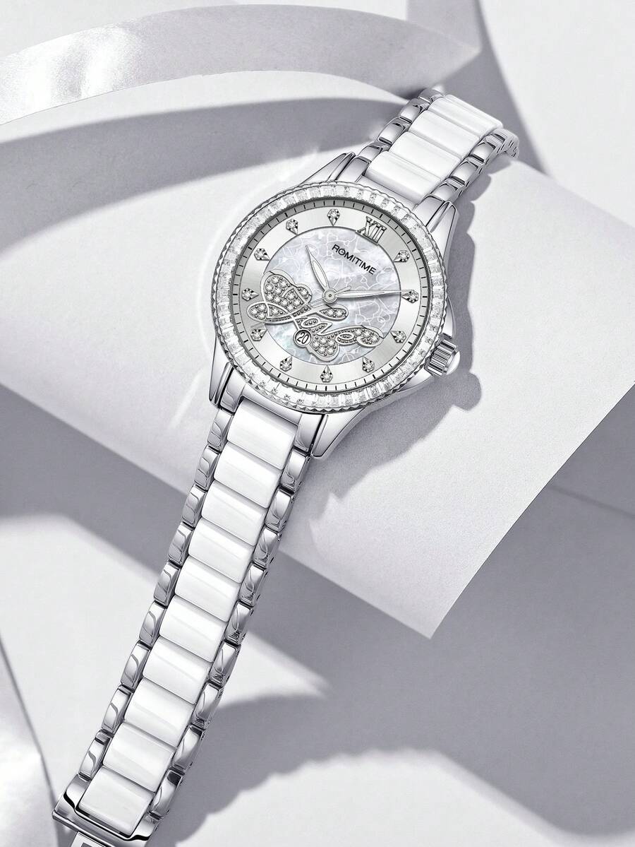 GUANQIN 1 szt. Wodoodporny zegarek ze świecącymi elementami z motywem LOVE, tarczą z kryształkami, odporny na zużycie, ze stali nierdzewnej, ceramicznym paskiem, modnym, biznesowym, luksusowym, sportowym, klasycznym, prostym i swobodnym, mechanicznym stylem, automatycznym zegarkiem kwarcowym, odpowiednim na Halloween, Boże Narodzenie, dla studentów, na festiwale, randki, do pracy, na co dzień, na prezenty