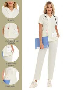 cimmuovere Women's Solid Color V-Neck Short Sleeve Scrub Top And Loose Straight Pocket Scrub Pants, Nurse Scrubs Workwear For Dentist, Healthcare, Pet Hospital, Laboratory - Apricot - View 1