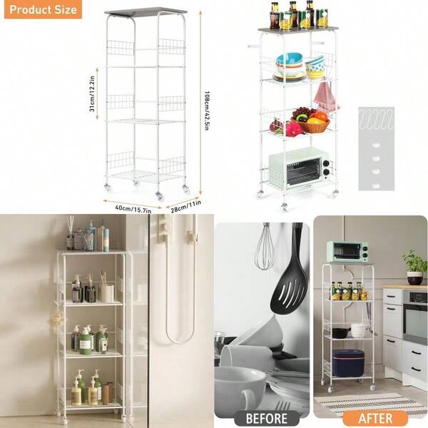 White Metal Wire Sheing With Wheels 4 Tier Narrow Shelf Unit For Small Spaces Free Standing Storage Rack Organizer For Kitchen Bathroom Laundry Room Garage