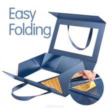 PETSLOVE Large Dark Blue Clear Gift Boxes For Fathers Day 35.56x24.13x11.43 CM Gift Boxes With Window By Handle Groomsman Proposal Box Collapsible Magnetic Closure Glossy