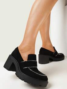 柔软仿麂皮粗跟乐福鞋 女式休闲秋冬款