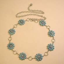 New Vintage Silver Waist Chain With Turquoise Inlay, Versatile To Wear With Dresses, Metallic Waist Belt With Rhombus Bohemian Pattern, Zinc Alloy Silver With Green Gemstone, All Season