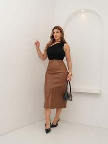 Resin Midi Skirt - With Slit - Mocha Brown - View 3