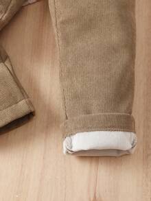 Young Boy Patchwork Letter Label Drawstring Waist Corduroy Pants For Fall&Winter - Khaki - View 4