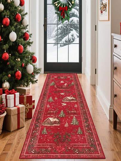 1 pieza Clásica alfombra de felpa con diseño de Papá Noel rojo y árbol de Navidad, hecha de material de felpa de alta calidad, adecuada para felpudo, pasillo, absorbe el agua, best seller, decoración del hogar de moda para sala de estar, entrada, estudio, comedor, lavable a máquina, nuevo diseño, múltiples tamaños disponibles, regalo de inauguración de casa, regalo de Navidad