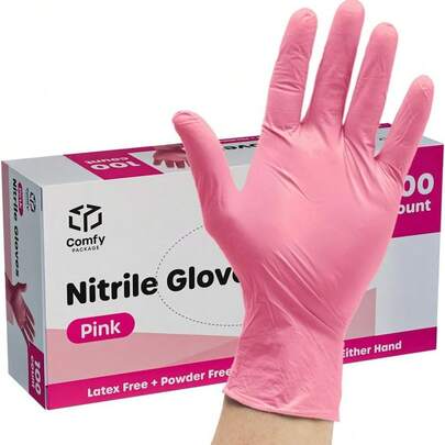 100 unidades de guantes desechables de nitrilo rosa - Libres de látex y goma, sin polvo y no estériles