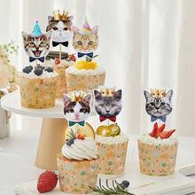 24 Pcs Cupcake Toppers, Cake Topper, Cats Birthday Decorations Pet Themed Party Supplies - Type3-cat Face-24p - View 4