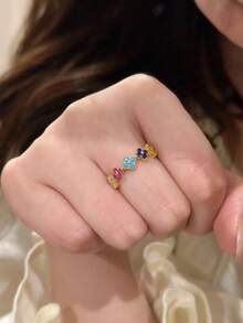 1枚不锈钢多巴胺花园彩虹戒指，奢华小众优雅甜美百搭设计，女士适用 - 彩虹四葉草戒指 - 查看 4