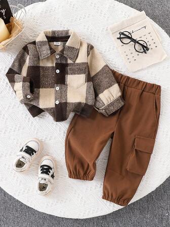 2pcs/Set Baby Boy Fashionable Street Style Plaid Woolen Pocket Decor Long Sleeve Shirt And Cargo Pants Set