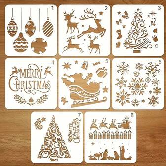 8pcs/Set Reusable Plastic Christmas Stencils, For Art Painting, Window Spraying, Glass, Wood, Journals, Scrapbooking And Holiday DIY Decor, With Snowflake And Holiday Designs