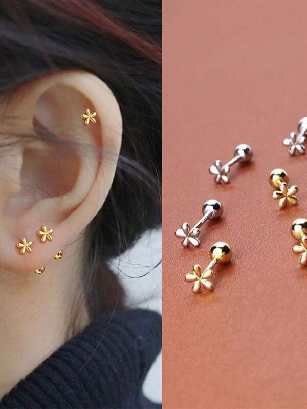 1 Pair Of Short Handled Screws, Simple And Stylish Flower Shaped Earrings, Female Ear Hole Earrings Can Also Be Worn While Sleeping