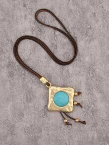 1 pieza Collar colgante cuadrado de aleación minimalista y elegante, collar largo de cuerda de cera turquesa y marrón, regalo para novio/novia