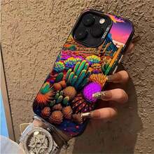 Funda de TPU con estampado de cactus psicodélicos vibrantes para iPhone 17/16/15 Pro Max, 15, 14, 13, 12 Series - Cubierta protectora delgada y a prueba de golpes - Negro - Ver 2