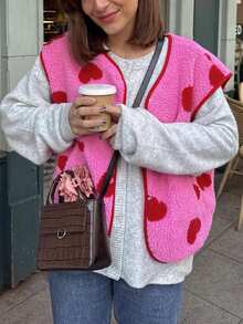 1 pieza Chaqueta tipo chaleco con estampado gráfico de corazón, para uso diario, nuevo diseño de otoño/invierno y para todas las estaciones