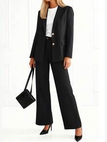 Women's Two-Piece Suit Business Casual Blazer And Wide-Leg Pants Set Professional Office Attire - 黑色 - 查看 2