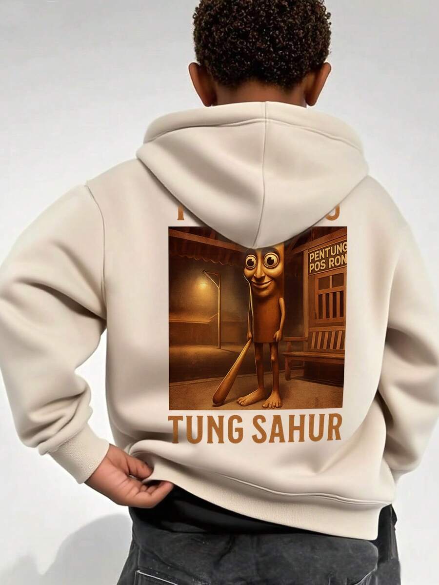 1件青少年男童休闲印花套头卫衣，保暖内衬，长袖，秋冬季 - 杏色 - 查看 1