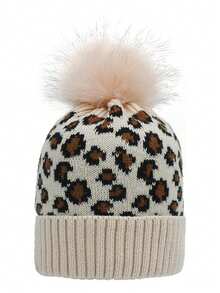 Custom Knitted Leopard Print Fuzzy Pom Pom Beanie Hat