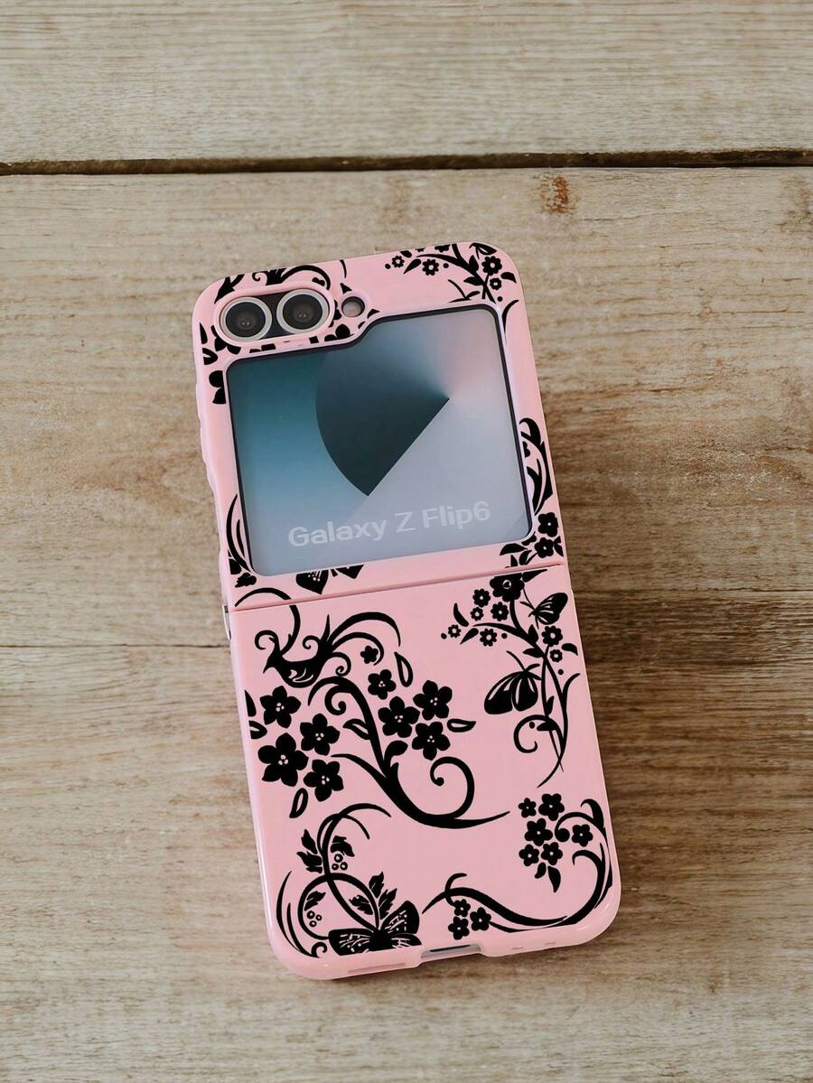 1pc Black Floral Vines Pattern Pattern Fold Phone Case, Cute Pink Folding Phone Case, Suitable For Samsung Z Flip 3 4 5 6 7 And MOTO Razr 40 50 60 Ultra Fold Case - 粉色 - 查看 1