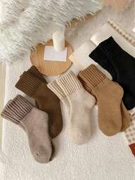 5pairs Women Winter Socks Warm Thick Knit Soft Vintage Casual Crew Socks Fuzzy Socks Knitted Socks For Women