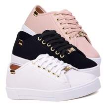 Kit 3 Pairs Women's Casual Flatform Love Basic Sneakers Plain High Sole Lace-Up - 白色/黑色/糖果色 - 查看 8