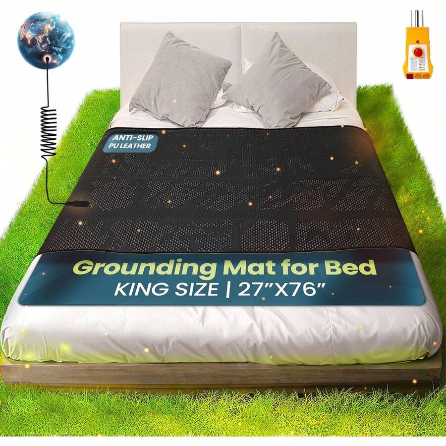 Grounding Mat For Bed King Size 27''*60'' - Wellness Grounding Pad For Bed With Anti-Slip PU Leather - Grounding Mat For Pain & Stress Relief, Energy Booster With Tracking System & Digital Manual
