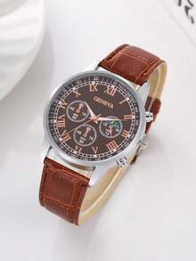 男士时尚休闲商务皮带和石英表套装 - 棕色 - 查看 3