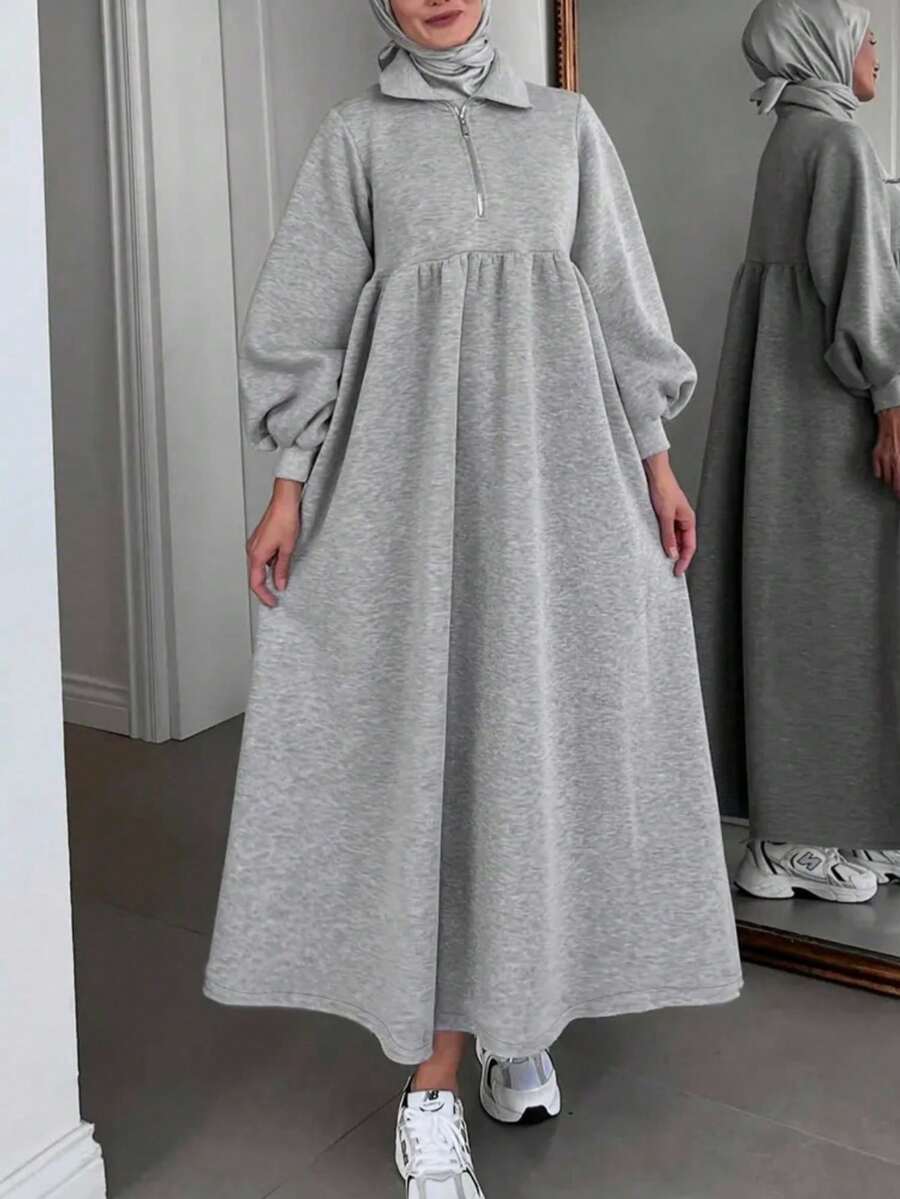 Đầm nữ kiểu Ả Rập tay phồng màu trơn, thích hợp mặc mùa thu/đông nhân dịp lễ Eid. - Xám - Xem 1