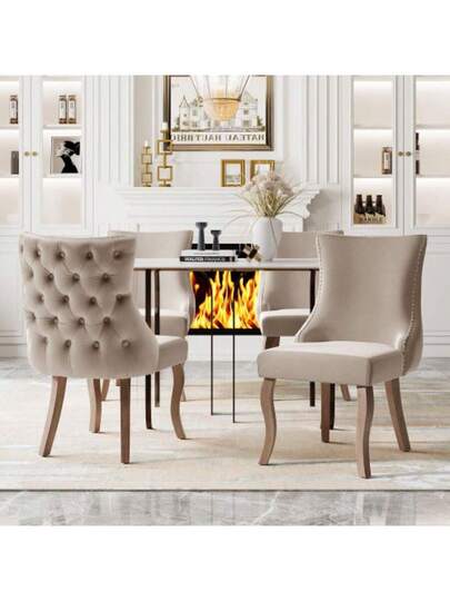 Dining Room Stoel (Living Unique Button Quilting On The Back, Pieces), Upholstered Nailhead Fluwelen Cover, Curved Solid Wood Legs, Beige (2024.1.4 Leg Replacement!!)