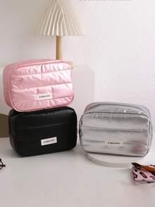 1pc Minimalist Portable Quilted Cosmetic Bag, Travel Toiletry Organizer