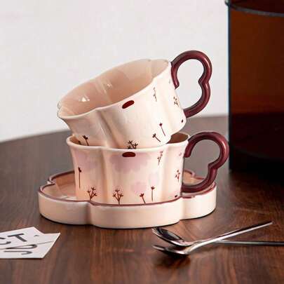1pc Creative High-Quality Cherry Coffee Cup & Saucer, Elegant Petal Shaped Afternoon Tea Cup & Saucer Set, Cute Cup & Saucer Set For Home, Restaurant, Office Tea Set
