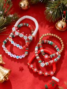 6pcs/Set Girls' Christmas Tree, Snowflake, Santa Claus Theme Beaded Bracelets, Suitable For Holiday Parties, Colorful Beaded Combination - Multicolor - View 2