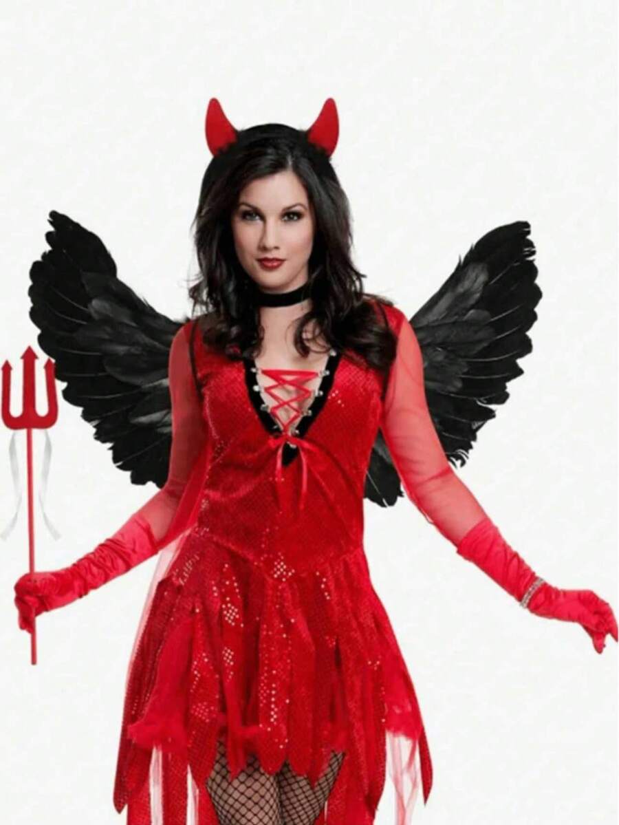 1pc/3pcs Angel Feather Wings Children And Adults Performance Props Stage Catwalk White Flower Girl Costume, Black Devil Headband With A Great Set.