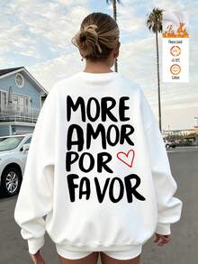 MORE LOVE PLEASE Warm And Comfortable Fleece Lined Sweatshirt With Heart & Letter Design, Soft And Skin-Friendly, Ideal For Casual Outings Or Lounging At Home. This Oversized White Crew Neck Sweatshirt For Women Is Suitable For Spring, Autumn And Winter, With Cartoon Print For A Casual Chic Look. - White - View 15