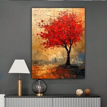 1pc  Modern Urban Landscape Canvas Art - Textured Tree Design  Painting With  Wood Frame, Vibrant Red Leaves & Golden Hues, Ready-To-Hang Home Office Wall Decor, Tree Decor, Dynamic Brushstrokes, 2D Flat - Đỏ - Xem 5