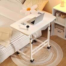 Adjustable Height Standing Desk With Wheels, Sturdy Iron Frame, Spacious Home Office Desk, Suitable For Sofa Use - White Wooden Tabletop, Painted Surface