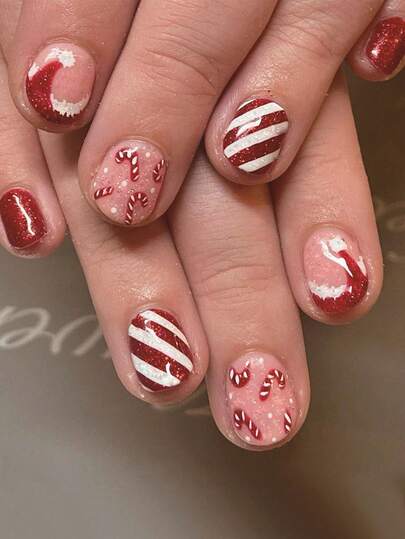 24 pezzi per set di unghie quadrate natalizie con adorabili cappelli da Babbo Natale e bastoncini di zucchero rossi a forma di caramella, adatte per ragazze audaci, donne d'ufficio, feste, appuntamenti, uso quotidiano e occasioni festive