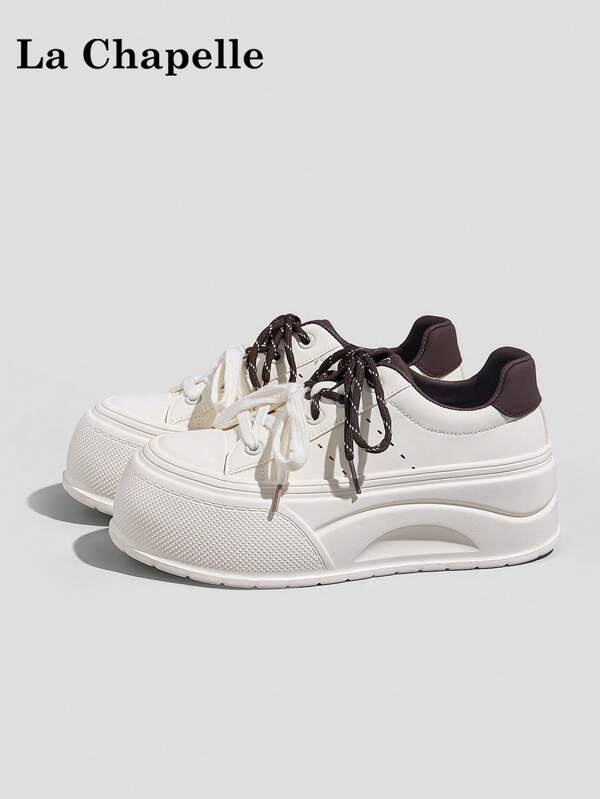 1 Pair La Chapelle Women's Thick Sole Lace-Up Soft Bottom Casual Shoes, Low-Top Outdoor Flat Shoes, Round Toe Low Heel Non-Slip Solid Color Elegant Soft Bottom Hiking Shoes Suitable For Students Graduation Photos, Women Low-Top Leather Sports Skateboard Shoes