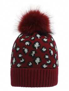 Custom Knitted Leopard Print Fuzzy Pom Pom Beanie Hat