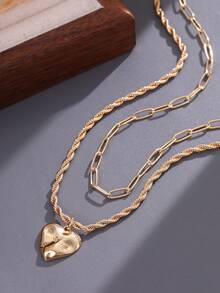 Tkool 2pcs Unique Layered Copper Heart Shaped Nail Necklace, Checkered Clasp & Shiny Cubic Zirconia Pendant - Yellow Gold - View 4