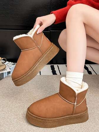 女士休闲厚底踝靴，纯色，保暖内衬，适合秋冬季