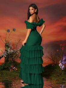 VIPGIRL 女士露肩网纱高开衩多层荷叶边长款晚礼服 - 墨綠色 - 查看 5