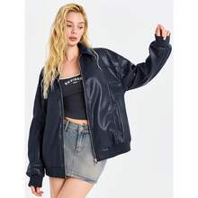 Womens Faux Leather Jackets Oversized Bomber Casual Fall Fashion Zip Up Moto Biker Coats - Dark Blue - 查看 3