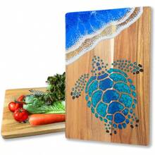 Acacia Wood Cutting Board With Blue Resin Wave And Sea Turtle Epoxy Resin Ocean Pan For Kitchen Meal Prep Serving Tray Versatile Cheese And Charcuterie Board For Meat Vegetable Gift 15*10 Inch