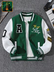 2-5岁男童棒球夹克，2025秋冬新款字母印花长袖休闲酷绿色飞行员外套