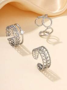 3 piezas Anillos de moda ajustables de acero inoxidable con tono dorado, adecuados para decoración diaria o como regalo - Plateado - Ver 1